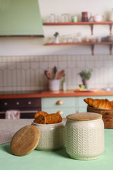 Alamkari India Blush Herringbone Ceramic Jars with Wooden Lids